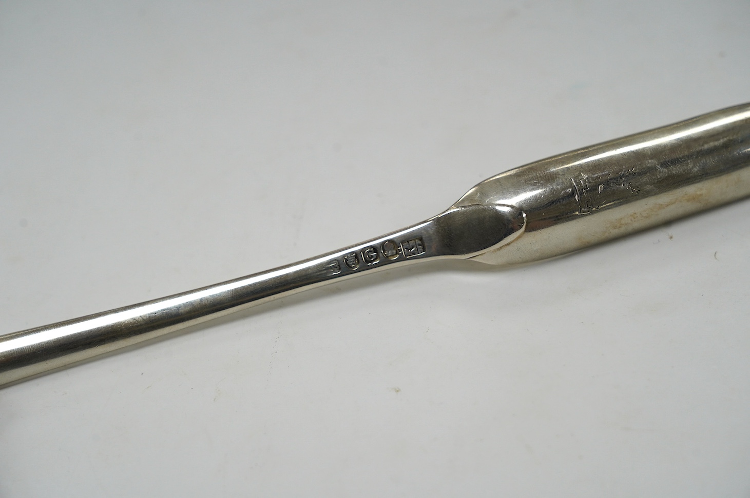 A George III silver marrow scoop, by Peter, Ann & William Bateman, 22.2cm, 51 grams. Condition - fair